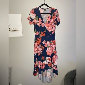 Navy Blue Midi Floral Wrap Dress with Flowy Hemline